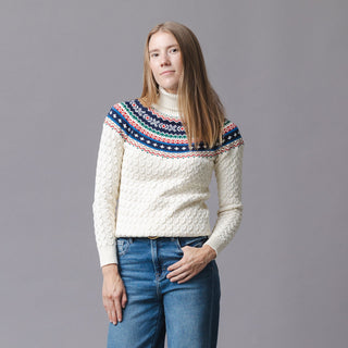WOMENS Ivory and Multi Fair Isle Organic Fair Isle Cable Sweater