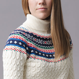 WOMENS Ivory and Multi Fair Isle Organic Fair Isle Cable Sweater