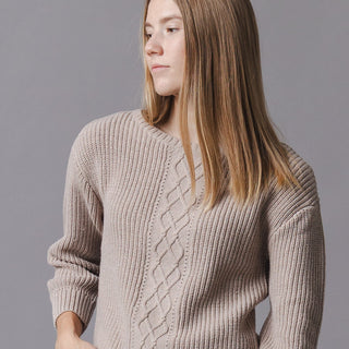 WOMENS Taupe Heather Organic Boatneck Cable Sweater