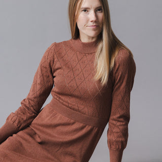 WOMENS Cinnamon Heather Organic Puff Sleeve Pointelle Sweater Dress