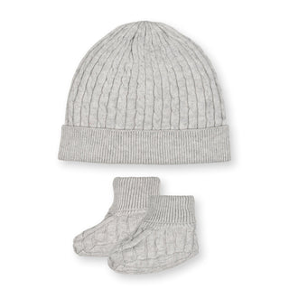 LAYETTE Light Gray Heather Cable Organic Sweater Beanie and Bootie Set