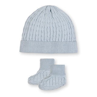 LAYETTE Pale Blue Cable Organic Sweater Beanie and Bootie Set