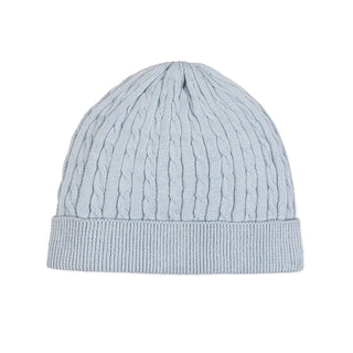 LAYETTE Pale Blue Cable Organic Sweater Beanie and Bootie Set