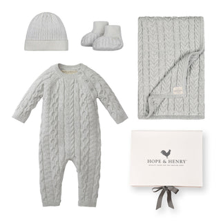 LAYETTE Light Gray Heather Organic Cable Romper 4-Piece Boxed Gift Set