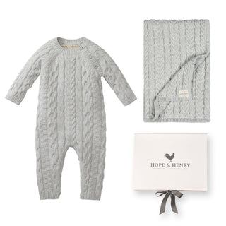 LAYETTE Light Gray Heather Organic Cable Romper 2-Piece Boxed Gift Set