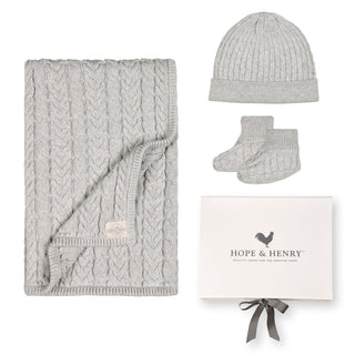 LAYETTE Light Gray Heather Organic Cable Knit 3-Piece Boxed Gift Set