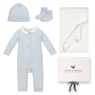 LAYETTE Pale Blue Organic Peter Pan Collar Romper 4-Piece Boxed Gift Set