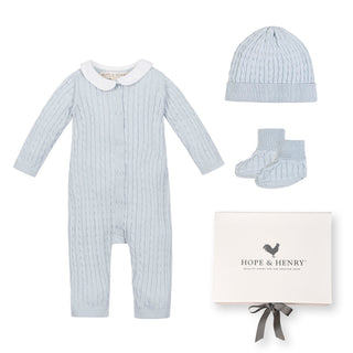 LAYETTE Pale Blue Organic Peter Pan Collar Romper 3-Piece Boxed Gift Set