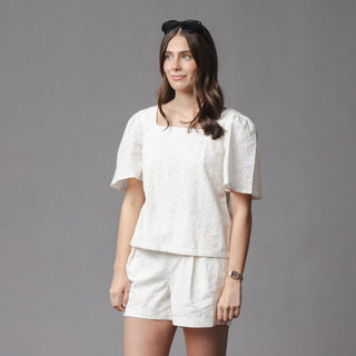 WOMENS Natural Eyelet Organic Flounce Sleeve Eyelet Top