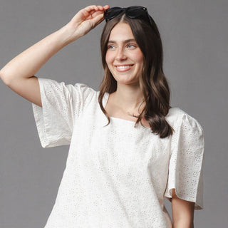 WOMENS Natural Eyelet Organic Flounce Sleeve Eyelet Top