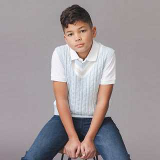 BOYS Light Blue Heather Cable Organic Cricket Sweater Vest