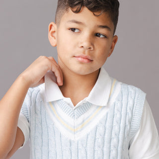 BOYS Light Blue Heather Cable Organic Cricket Sweater Vest