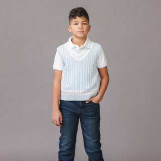 BOYS Light Blue Heather Cable Organic Cricket Sweater Vest