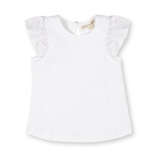 GIRLS White with Eyelet Organic Knit Top with Eyelet Flutter Sleeves