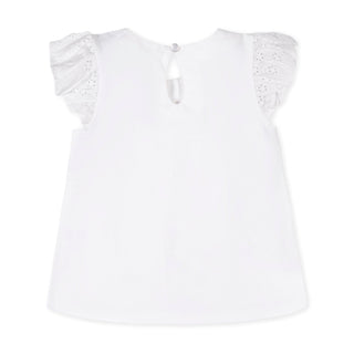 GIRLS White with Eyelet Organic Knit Top with Eyelet Flutter Sleeves