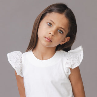 GIRLS White with Eyelet Organic Knit Top with Eyelet Flutter Sleeves
