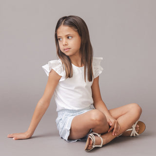 GIRLS White with Eyelet Organic Knit Top with Eyelet Flutter Sleeves