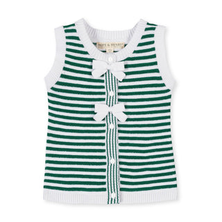 GIRLS Kelly Green Stripe Organic Button Front Sweater Tank with Bows