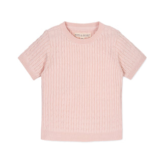 GIRLS Pale Pink Organic Short Sleeve Cable Sweater