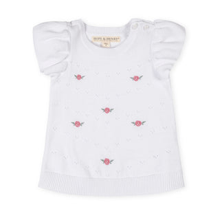 GIRLS White Pointelle with Embroidery Organic Ruffle Sleeve Pointelle Sweater