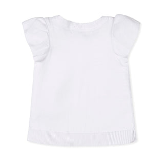 GIRLS White Pointelle with Embroidery Organic Ruffle Sleeve Pointelle Sweater