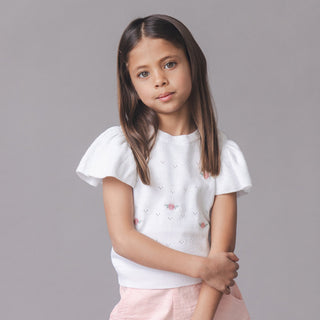 GIRLS White Pointelle with Embroidery Organic Ruffle Sleeve Pointelle Sweater