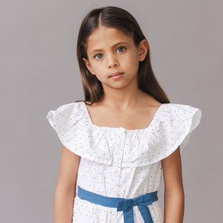 GIRLS Delft Dot Seersucker Organic Seersucker Ruffle Romper