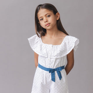 GIRLS Delft Dot Seersucker Organic Seersucker Ruffle Romper