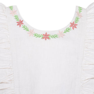 GIRLS White with Embroidery Linen Ruffle Jumper