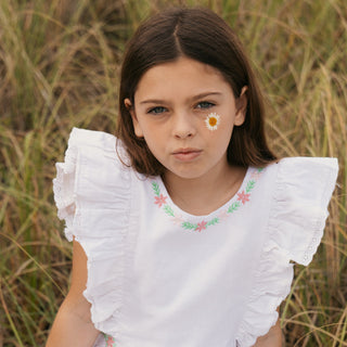 GIRLS White with Embroidery Linen Ruffle Jumper