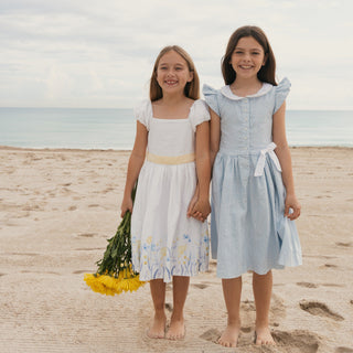 GIRLS Blue Chateau Ditsy Linen Dress with Peter Pan Collar