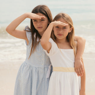 GIRLS Blue Chateau Ditsy Linen Dress with Peter Pan Collar