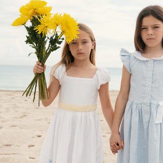 GIRLS Sunlit Border Floral Organic Puff Sleeve Sateen Dress