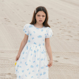GIRLS Delft Floral Organic Puff Sleeve Sateen Dress