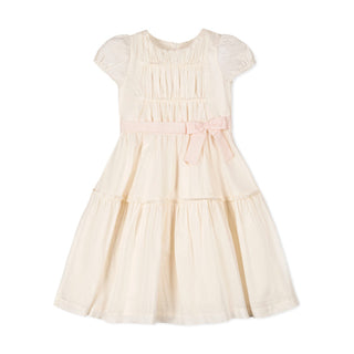 GIRLS Natural with Pink Organic Puff Sleeve Tiered Party Dress