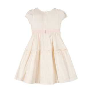 GIRLS Natural with Pink Organic Puff Sleeve Tiered Party Dress