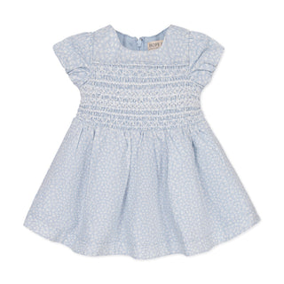 LAYETTE Blue Chateau Ditsy Linen Smocked Puff Sleeve Dress