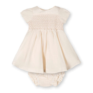 LAYETTE Natural with Pink Organic Smocked Puff Sleeve Dress