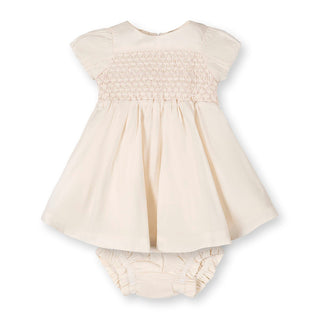 LAYETTE Natural with Pink Organic Smocked Puff Sleeve Dress