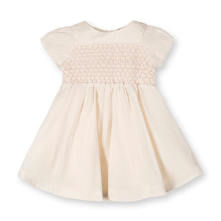 LAYETTE Natural with Pink Organic Smocked Puff Sleeve Dress