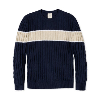 MENS Navy Chest Stripe Organic Crew Neck Cable Sweater