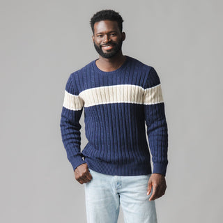 MENS Navy Chest Stripe Organic Crew Neck Cable Sweater