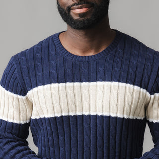 MENS Navy Chest Stripe Organic Crew Neck Cable Sweater
