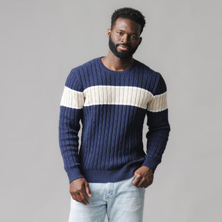 MENS Navy Chest Stripe Organic Crew Neck Cable Sweater