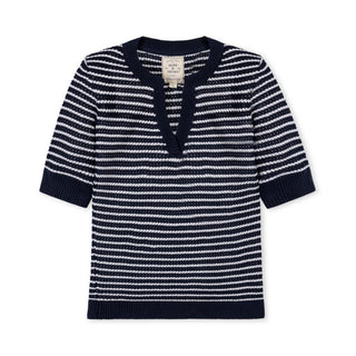 WOMENS Navy and White Organic V-Neck Short Sleeve Sweater