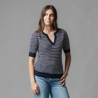 WOMENS Navy and White Organic V-Neck Short Sleeve Sweater