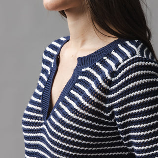 WOMENS Navy and White Organic V-Neck Short Sleeve Sweater