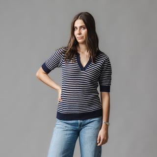 WOMENS Navy and White Organic V-Neck Short Sleeve Sweater