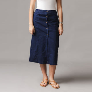 WOMENS Navy Linen Linen Button Front Skirt