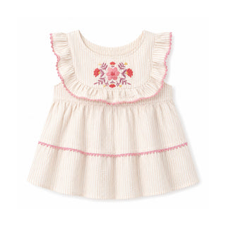 GIRLS Natural Organic Seersucker Tiered Ruffle Yoke Top